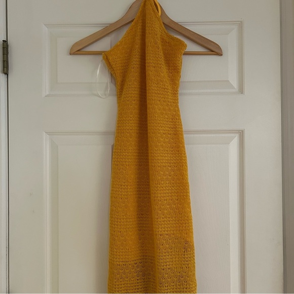 NWT FLOERNS Yellow Crochet Halter Midi Dress with Fringe - Picture 12 of 13